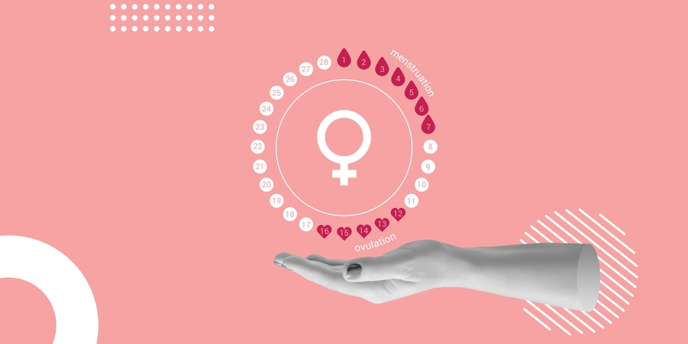 Menstrual cycle over the female hand. Contraception, pregnancy planning concept. Minimalistic collage.
