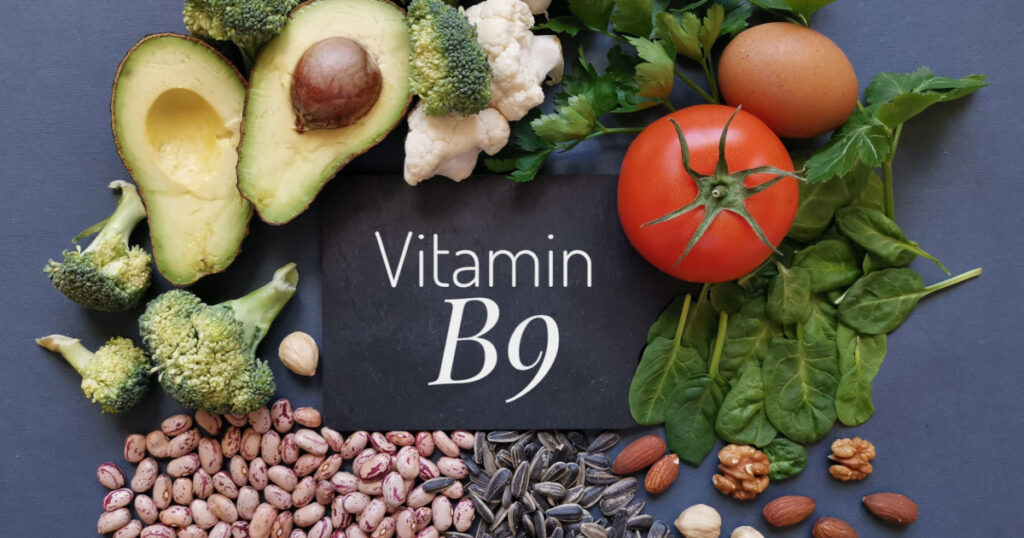 Food rich in folic acid or vitamin B9. Natural food sources of folic acid: avocado, cauliflower, broccoli, eggs, tomato, spinach, beans, nuts, parsley. Various food ingredients with Vitamin B9 letters