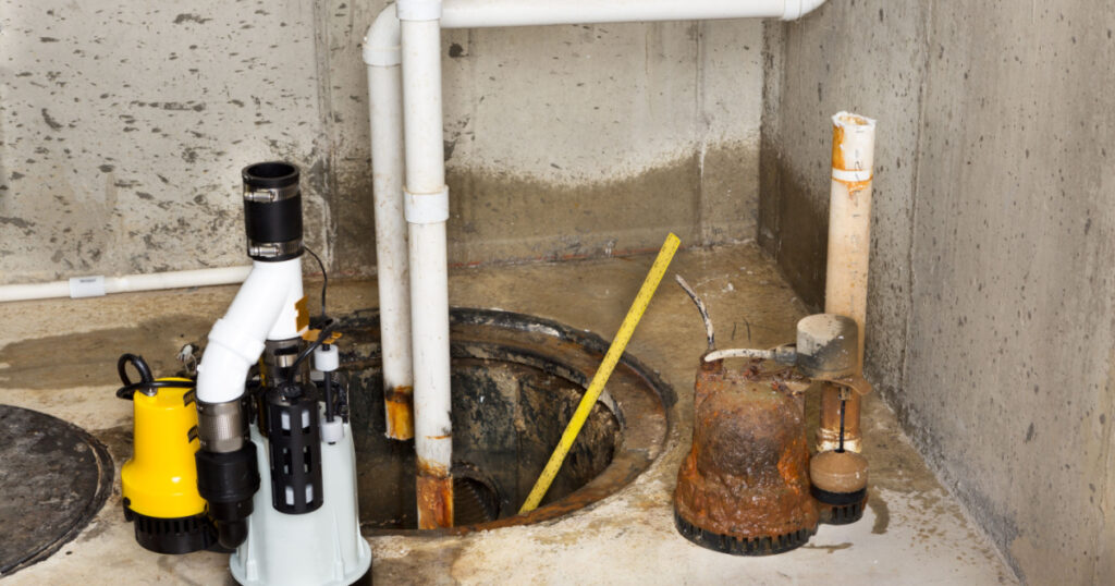 Replacing the old sump pump in a basement with a new one to drain the collected ground water from the sump or pit