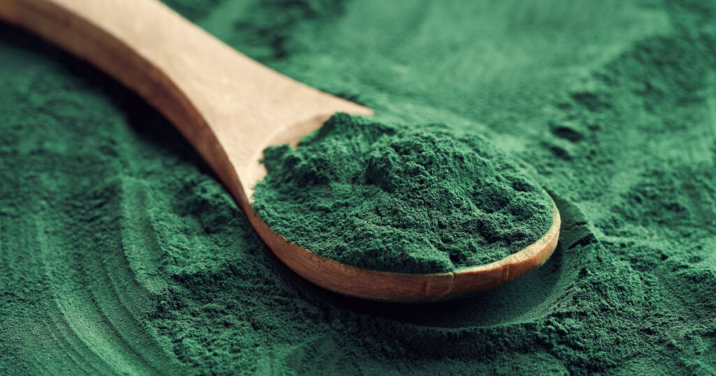 Fresh spirulina powder on a spoon on a green background