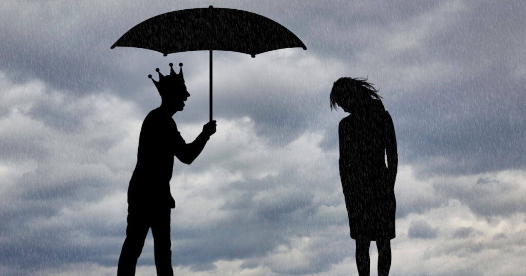 Selfishness and sexism. Selfish man with a crown holding an umbrella laughs at an upset woman in the rain. The concept of hisistic behavior. Social problems. Silhouette