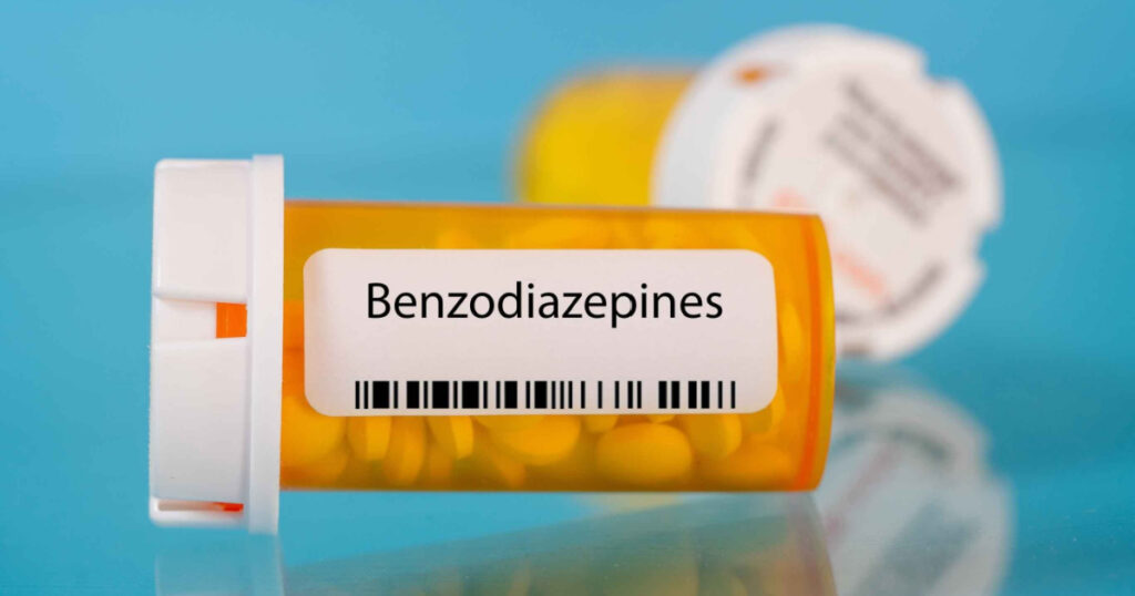 Benzodiazepines. Benzodiazepines pills in RX prescription drug bottle