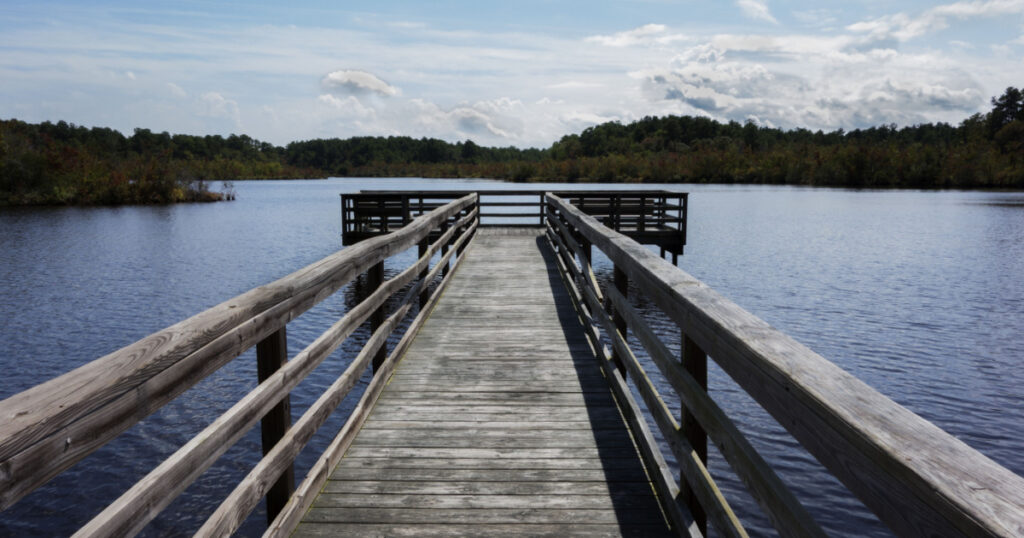 A wooden fishing dock over the water at Prime Hook National Wildlife Refuge in Milton, Delaware.