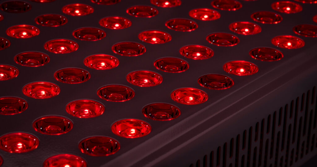 detail of red light therapy panel for skin health, pain relief, recovery and muscle performance and inflammation reduction