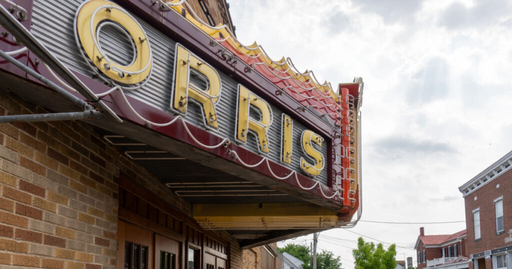 Ste. Genevieve, Missouri -June 1, 2023: Ste. Genevieve National Historical Park and Historic District. The Orris theater, event venue, performance center that can host events or activities. Marquee.