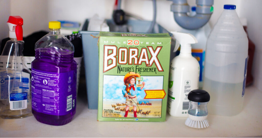 Toronto, Ontario, Canada - October 12, 2023 - Box of Borax cleaning under the kitchen sink with other brand name products.