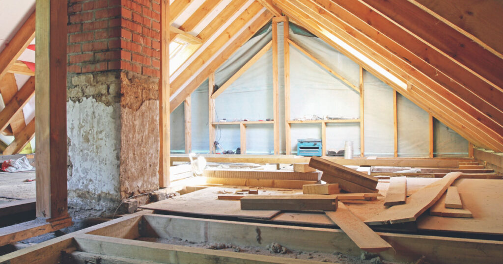 an interior view of a house attic under construction