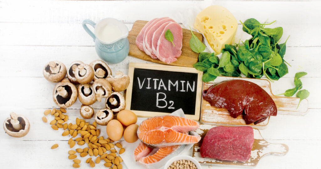 Foods Highest in Vitamin B2 (Riboflavin). Healthy food. Flat lay