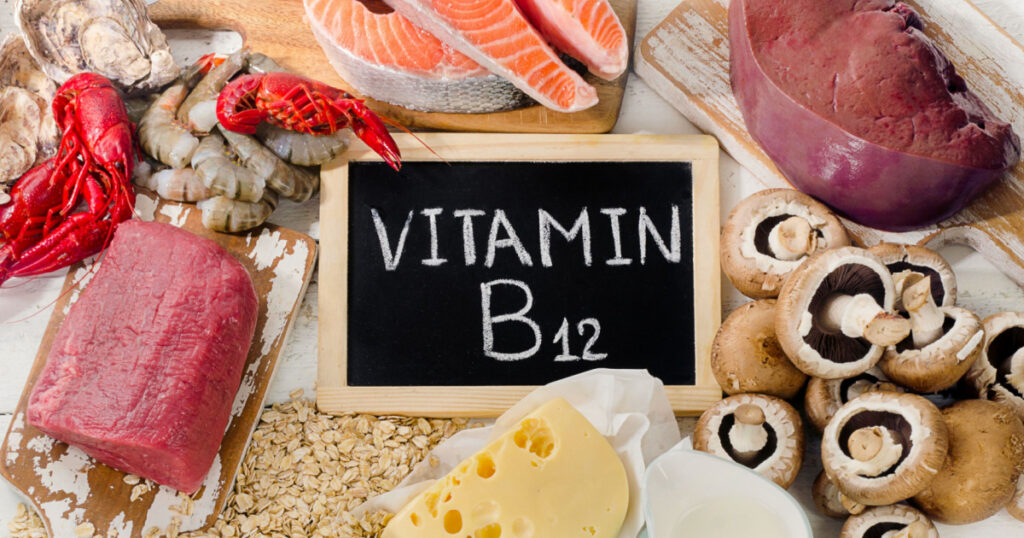 Natural sources of Vitamin B12 (Cobalamin). Healthy diet eating. Top view