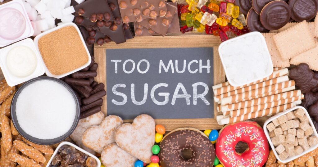 Food containing too much sugar. Sugar in diet causes obesity, diabetes and other health problems