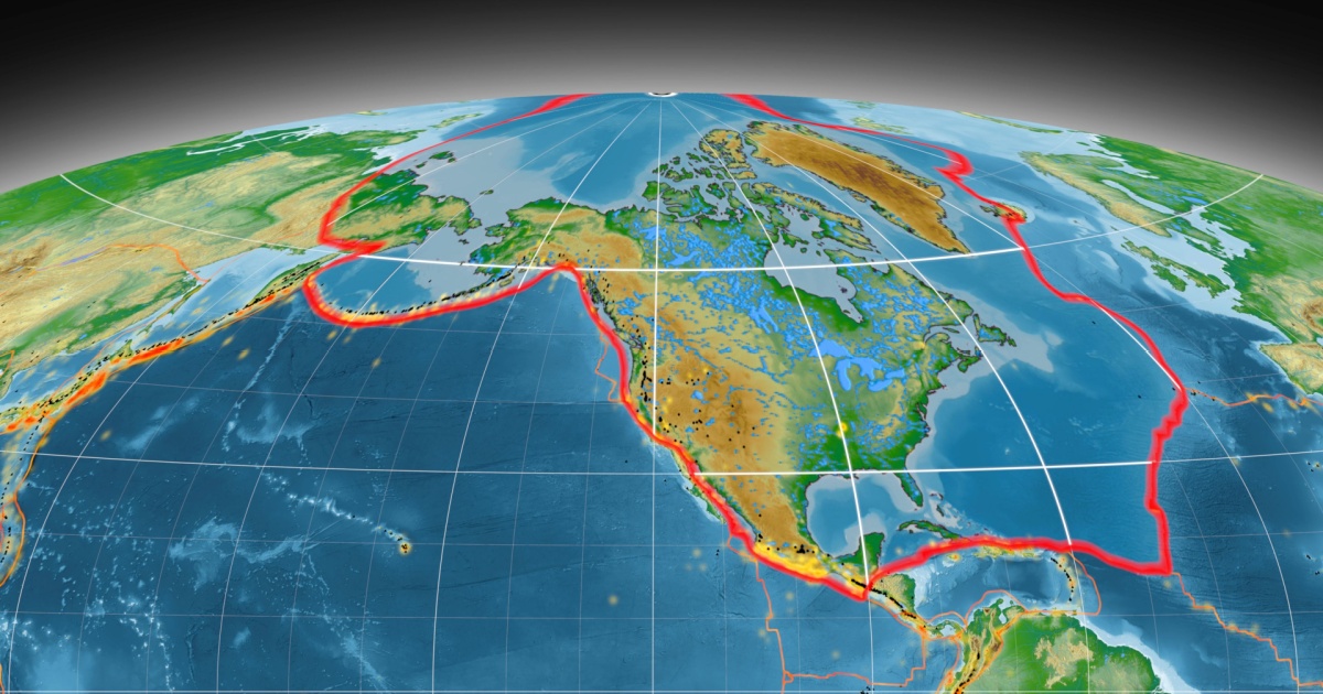 North America tectonic plate outlined on the global color physical map in the Mollweide projection