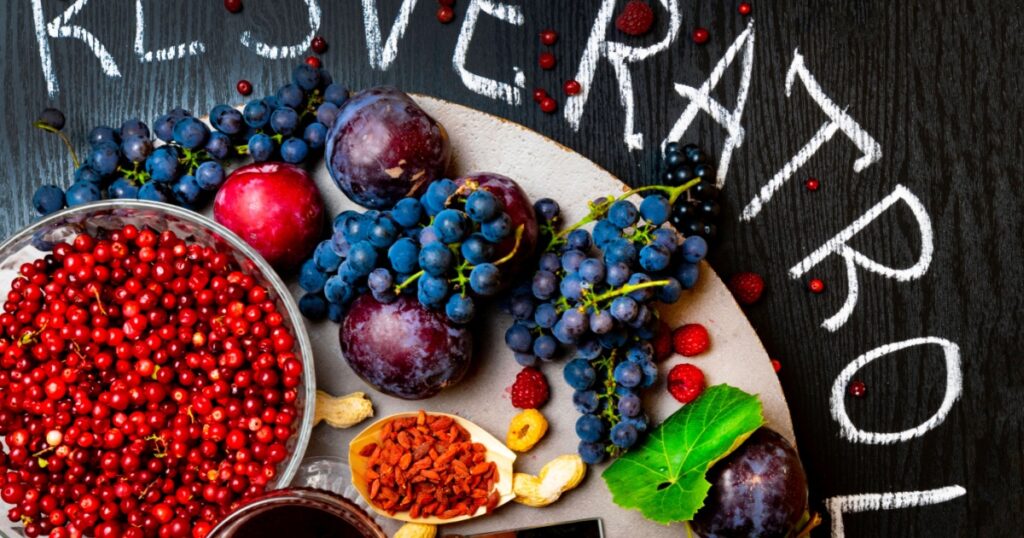 food rich with resveratrol, grapes, plums, goji, peanuts, cranberry,raspberrys, dark chocolate,red wine