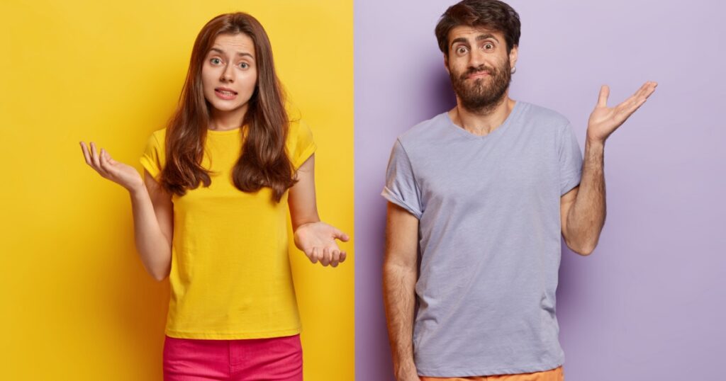Indifferent unbothered woman and man spread hands sideways, have no idea, dressed in casual outfit, pose against different color background. Confused questioned couple with clueless expression indoor