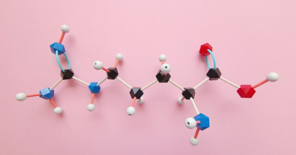 Molecular structure model of Arginine molecule. Arginine (L-arginine, Arg, R) is an α-amino acid that is used in the biosynthesis of proteins. Black=C, red=O, blue=N, white=H.