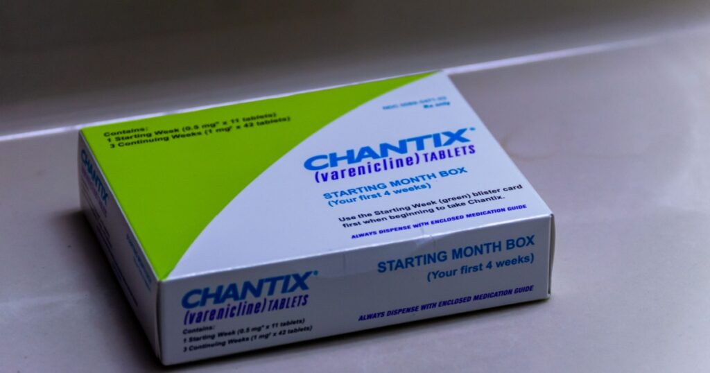 Chicago, USA-October 9, 2019: A box of Chantix medication on a counter. A smoking cessation tablet only available with a doctor's prescription. Modern medicine.