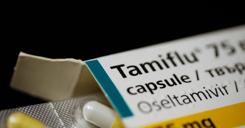 Bucharest, Romania - January 26, 2020: Close up image with a Tamiflu capsule (oseltamivir) on a blister pack, an antiviral medication.