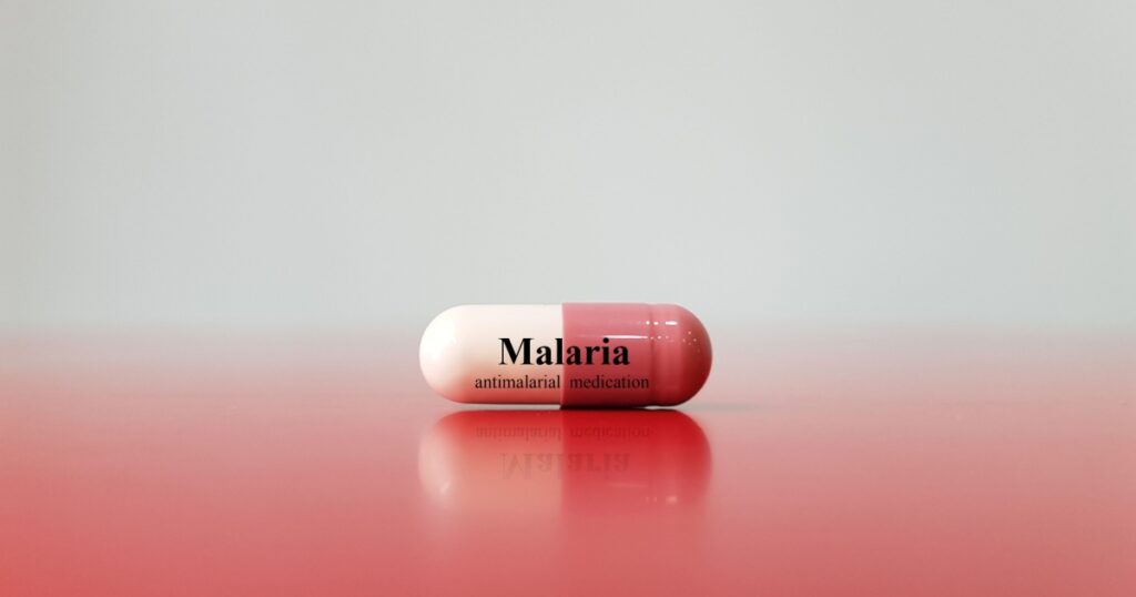 Drug capsule of Antimalarial medication used to treatment and prevent Malaria or Plasmodium parasite infection,as quinine, chloroquine,sulfonamide. Medical technology and infectious disease concept.