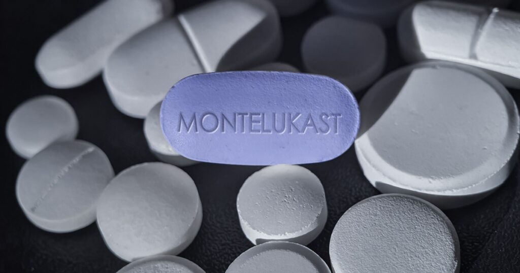 Montelukast drug medication used to treat asthma allergic rhinitis and hives. Montelukast leukotriene receptor antagonist blue pill