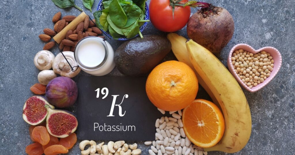 Food rich in potassium with the symbol K and atomic number 19. Natural products containing minerals, dietary fibers, vitamins. Potassium high food. Healthy sources of potassium, healthy diet food.