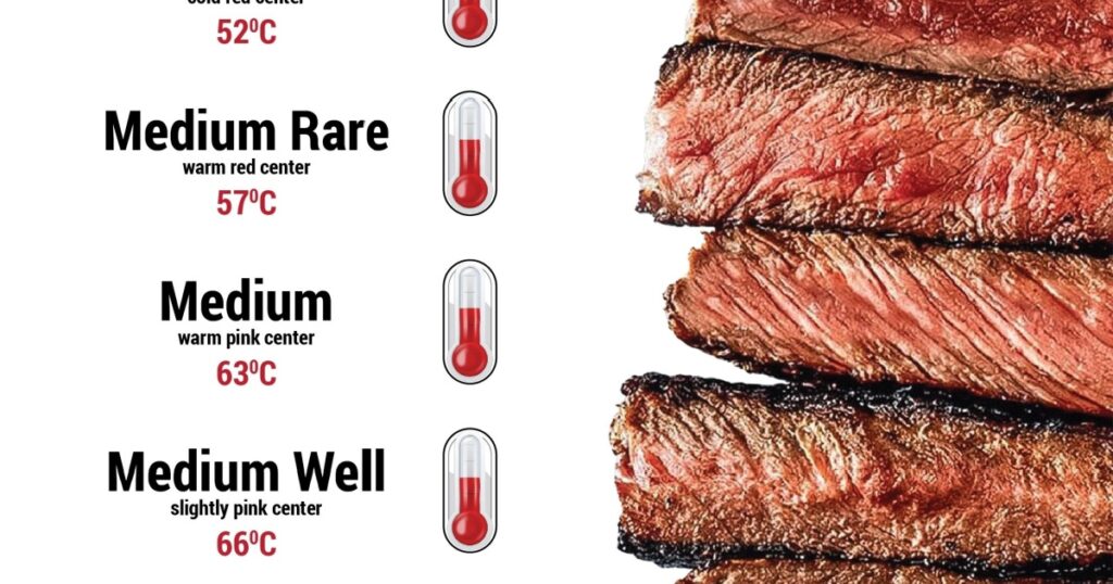 Meat cooking levels. Rare, Medium Rare, Medium, Medium good, Well done. The degree of roasting of steaks. Meat cooking temperature