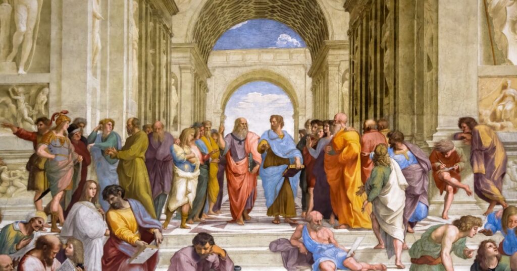 Painting by Raphael in Vatican Museum, Italy. Famous wall fresco School of Athens, philosophers Aristotle and Plato in center. Theme of Ancient Greek philosophy, Italian art. Rome - May 14, 2014