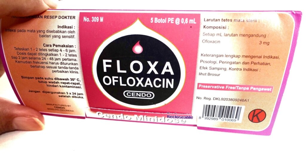 Floxa, eye medicine product, ofloxacin. White background. Nature concept.
