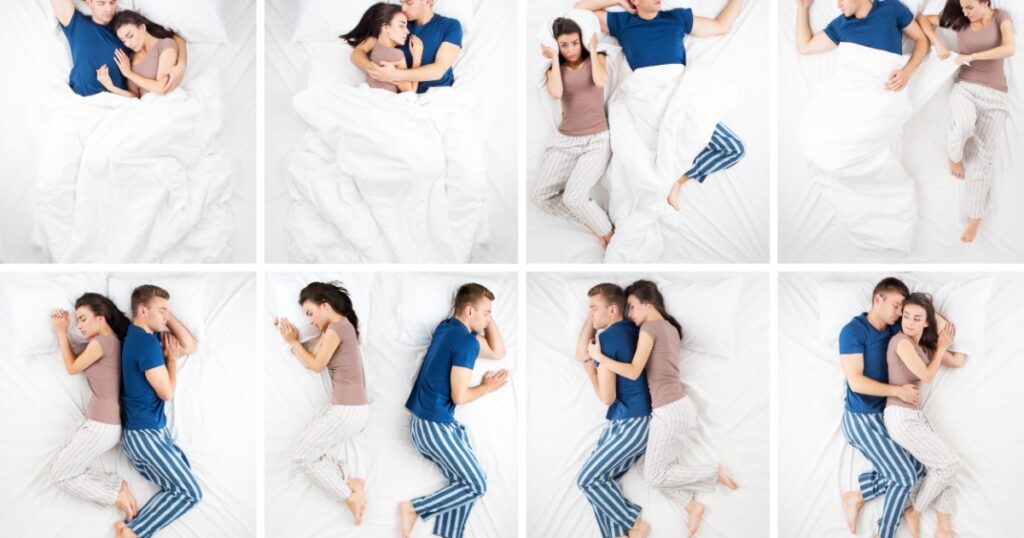 Photo collage of sleeping young couple in big white bed. Eight different emotional sleep positions. Couple hugging each other, sleeping back to back