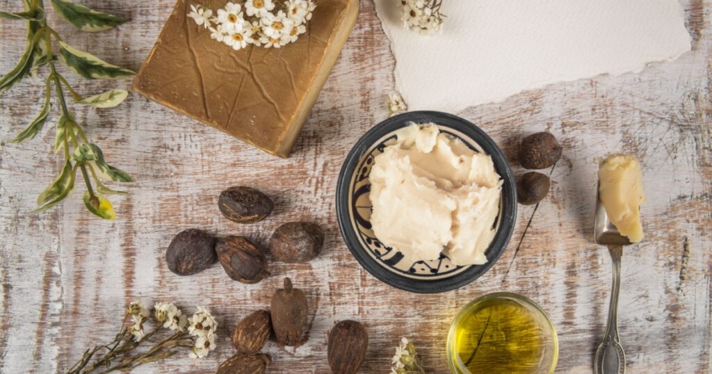 Shea nuts and products: butter, oil and soap for skincare