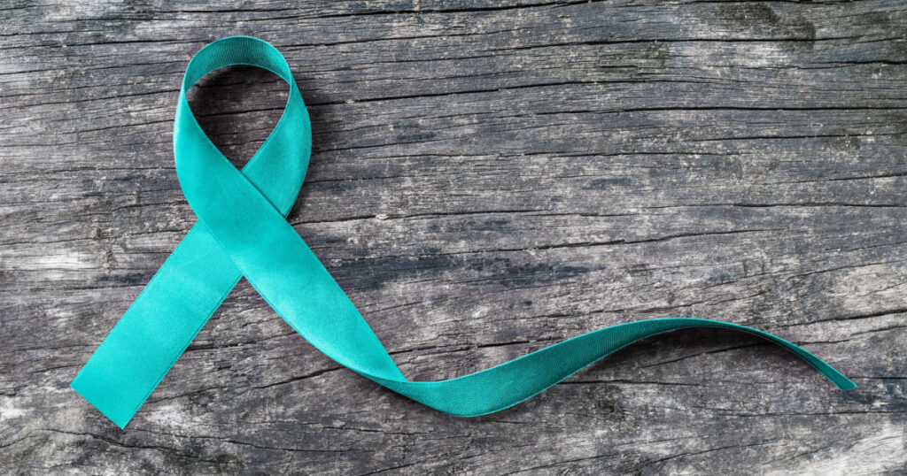 Teal ribbon awareness (isolated with clipping path) for Ovarian Cancer, Polycystic Ovarian Syndrome (PCOS) disease, Post Traumatic Stress Disorder (PTSD), Obsessive Compulsive Disorder (OCD)