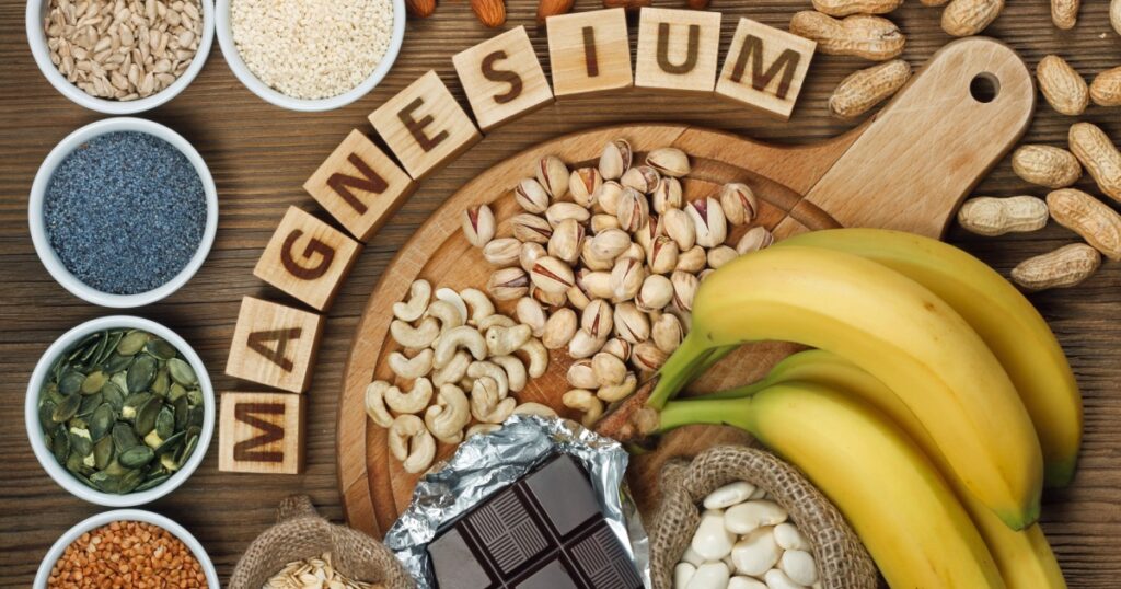 Products containing magnesium: bananas, pumpkin seeds, blue poppy seed, cashew nuts, beans, almonds, sunflower seeds, oatmeal, buckwheat, peanuts, pistachios, dark chocolate and sesame seeds