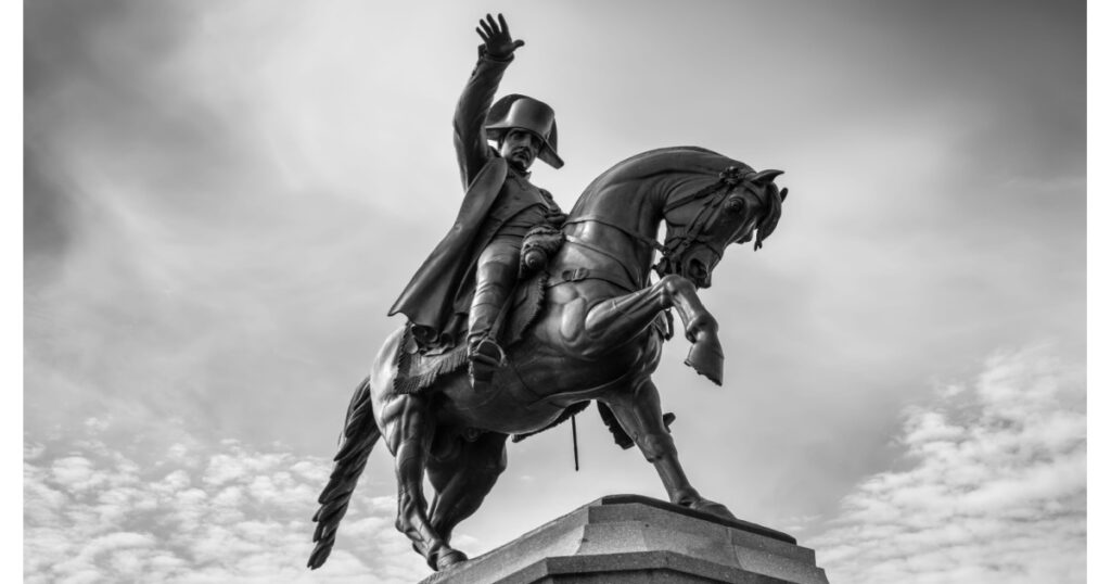  Napoleon statue on Horseback, the work of Armand Le Veel, located at Napoleon Square in Cherbourg-Octeville, France. Black and white photography.