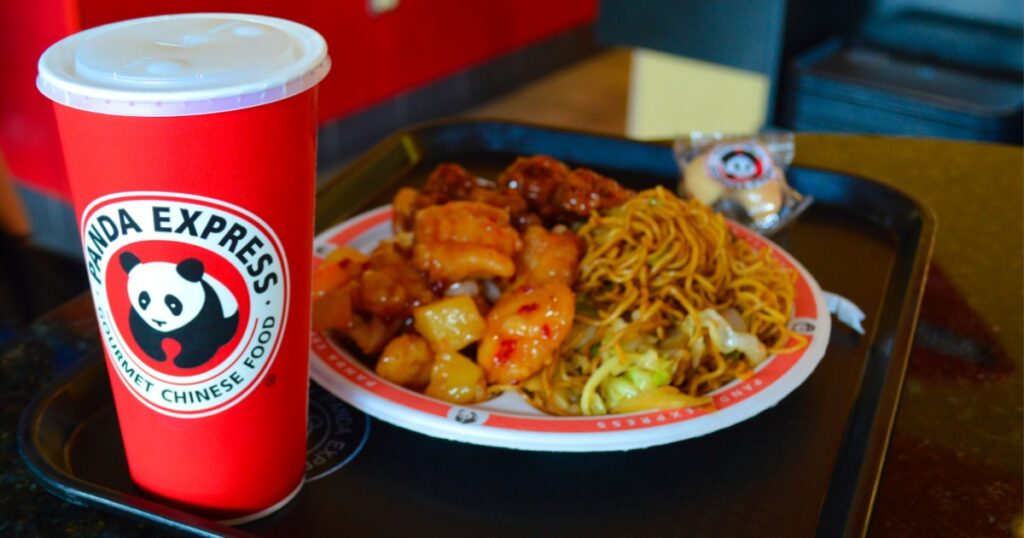 Honolulu, Hawaii - July 10 2014: Panda Express Chinese Takeaway meal with cup of drink