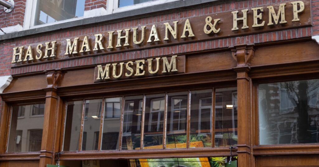 Amsterdam, Netherlands - January 15 2019: The Hash Marihuana and Hemp Museum on the edge of the De Wallen Red Light District of Amsterdam.