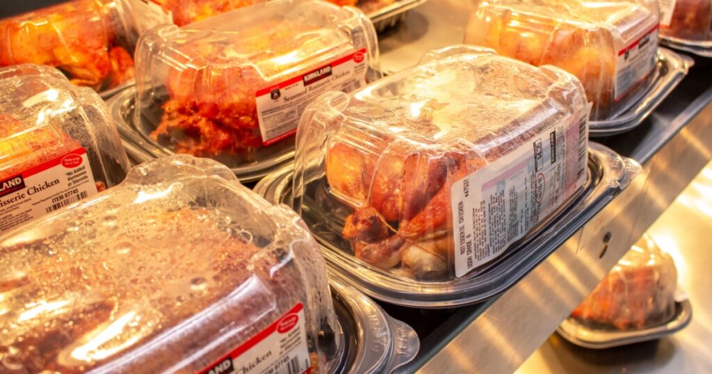 Los Angeles, California, United States - 04-27-2019: A view of several packages of Kirkland Signature rotisserie chicken, on display at a local Costco.