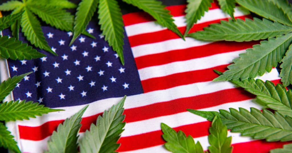 Cannabis leaves framing the american flag with copyspace - veteran theme medical marijuana concept