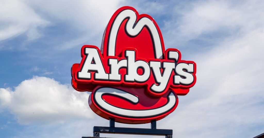 Niagara Falls, Canada - September 18, 2019: Arby's sign with blue sky in background in Niagara Falls, Canada. Arby's is an American quick-service fast-food sandwich restaurant chain