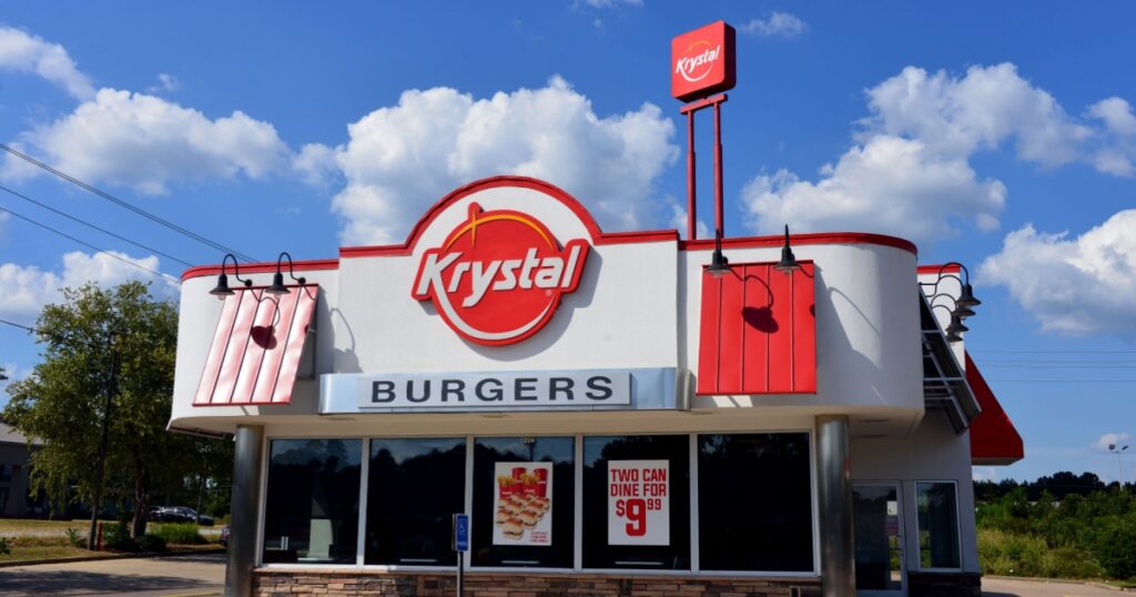 Brookhaven, MS, USA - Sep 25, 2019: Krystal is fast food restaurant founded in 1932 that features small, square hamburgers called sliders. It operates in the Southeastern US.