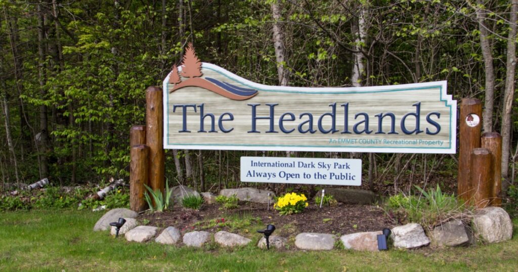 Mackinaw City, Michigan, USA - May 30, 2020: Entrance for the Headlands International Dark Sky Park. The park features nature trails, and observation area for the night sky and northern lights.