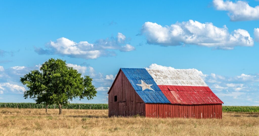 An abandoned old barn with the symbol of Texas painted on the roof sits in a rural area of the state, framed by farmland.