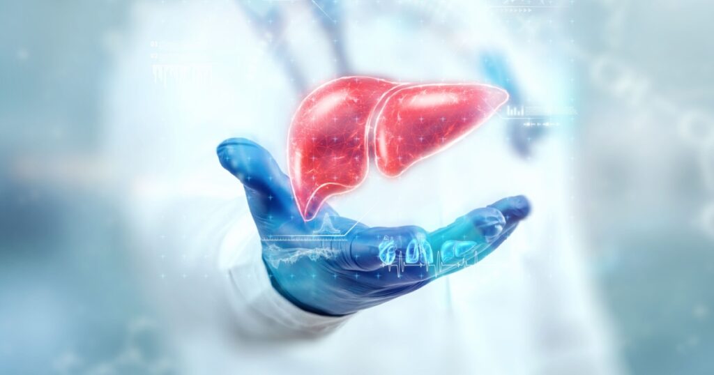 The doctor looks at the Liver hologram, checks the test result on the virtual interface, and analyzes the data. Liver disease, donation, innovative technologies, medicine of the future.