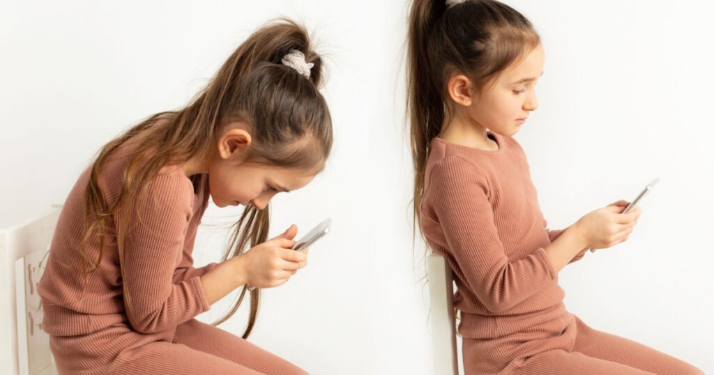 Little girl with bad and correct posture with a mobile phone on a white background.