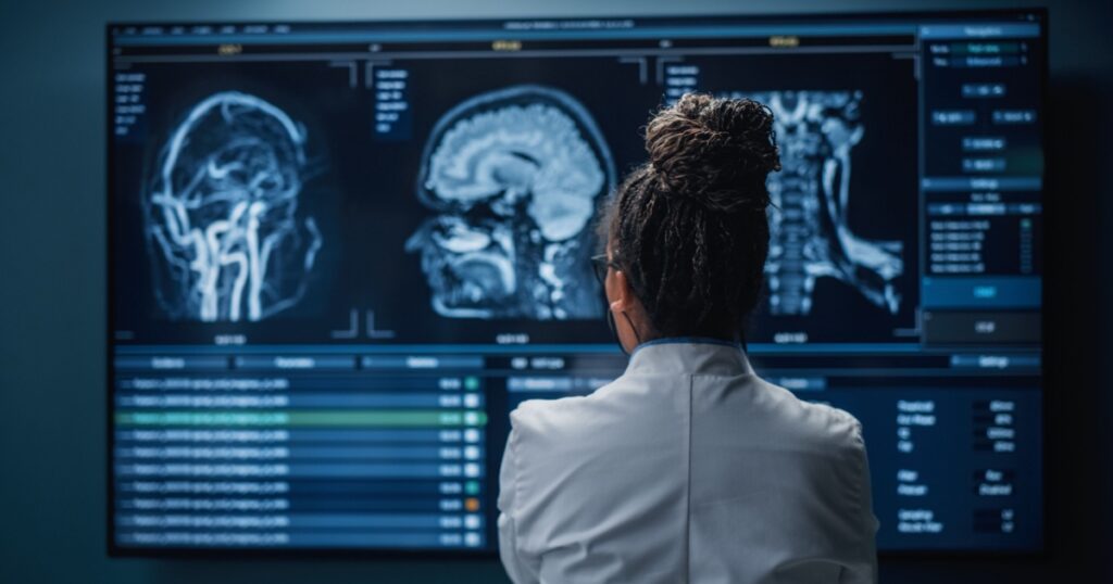 Medical Hospital Research Lab: Black Female Neuroscientist Looking at TV Screen, Analyzing Brain Scan MRI Images, Finding Treatment for Patient. Health Care Neurologist Curing People.