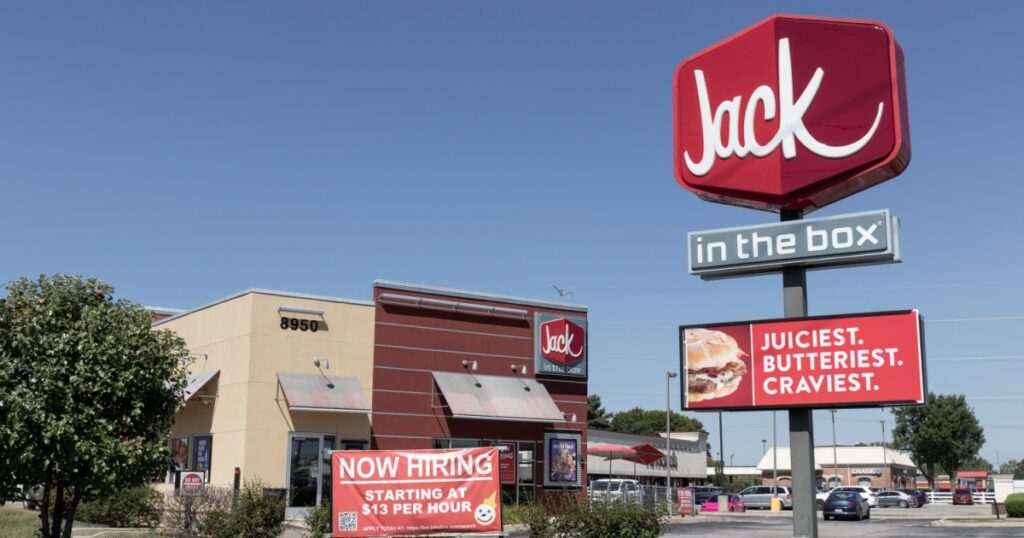 Greenwood - Circa August 2022: Jack In the Box fast food restaurant. Jack-In-The-Box is famous for its two for 99 cent tacos.