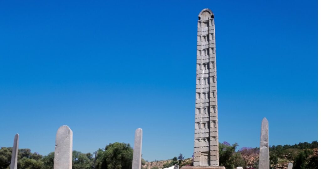 The obelisk in Axum, Ethiopia under clear blue sky