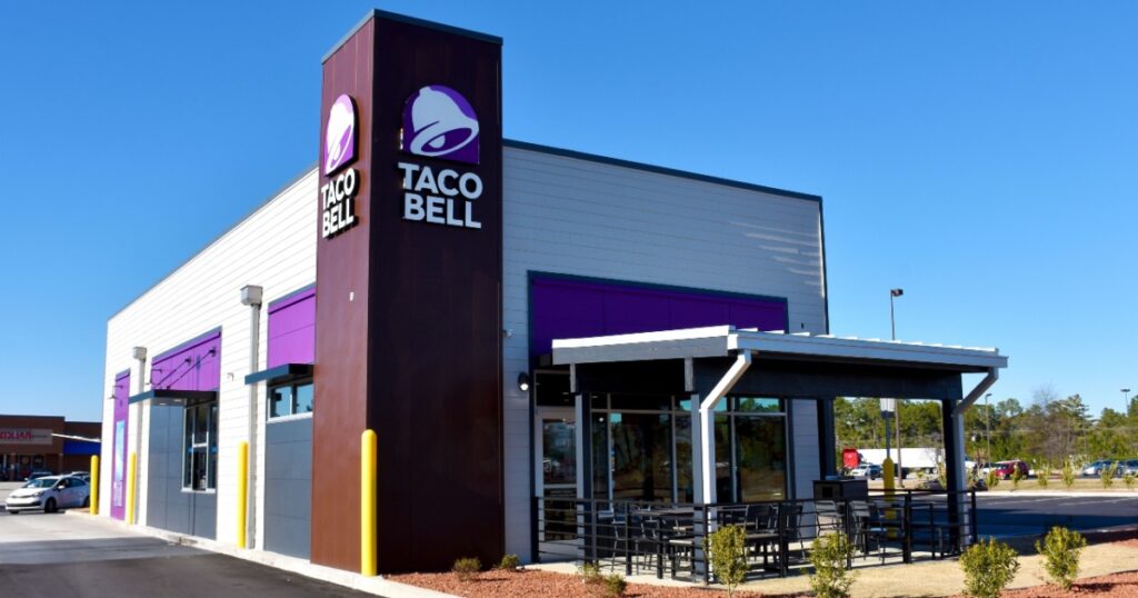 Exterior of Taco Bell fast-food restaurant, Fayetteville, North Carolina, USA, January 24, 2023