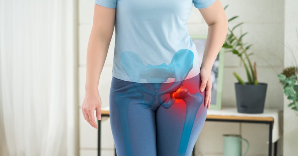 Hip joint pain, woman suffering from osteoarthritis at home, health problems concept, BeH3althy