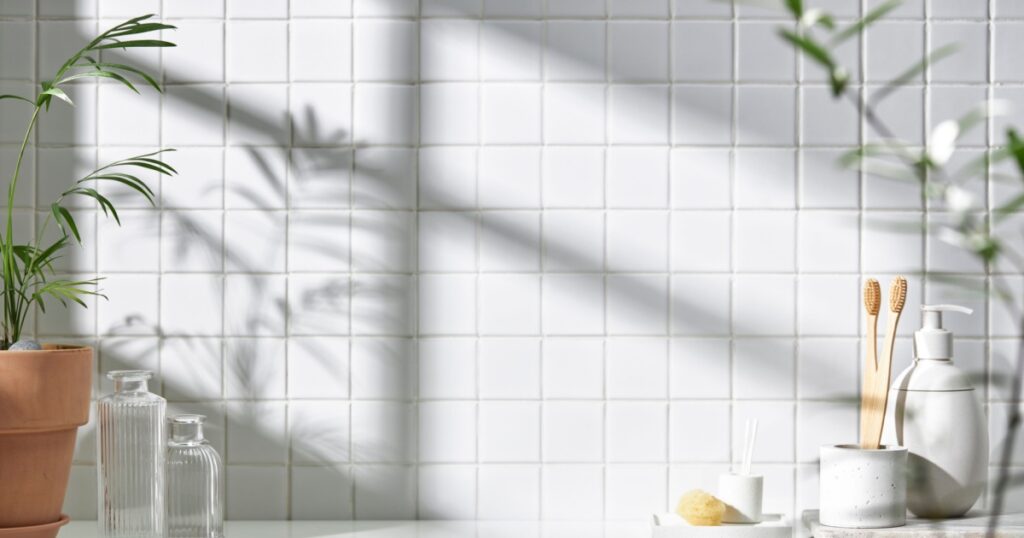 Various objects on a white tile background with warm sunlight shining through