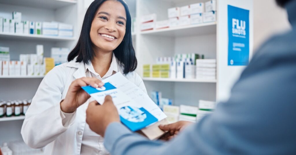 Pharmacy shopping product, pharmacist or customer buying clinic pills, medical pharmaceutical or healthcare medicine. Supplements package pamphlet, drugs store client or woman in hospital retail shop