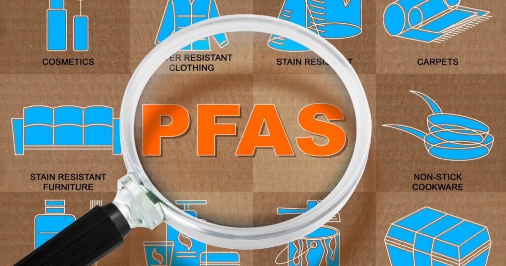 PFAS, PFOS and PFOA dangerous synthetic substances used in products and materials due to their enhanced water-resistant properties - Infographic concept with icon and magnifying glass