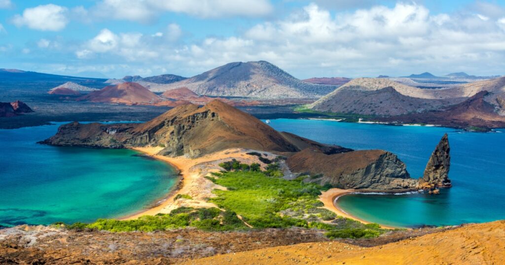 View of two beaches on Bartolome Island in the Galapagos Islands in Ecuador